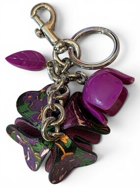 Coach Tea Rose Bag Charm Purple Floral Leather & Resin Keychain Charm